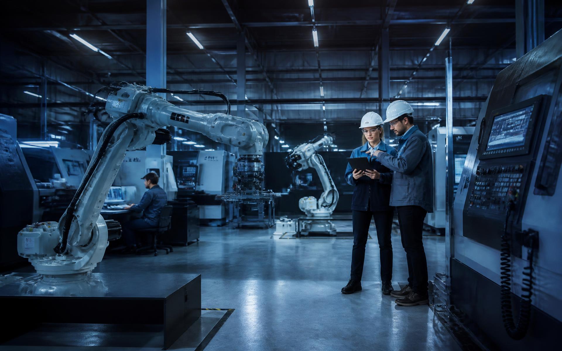 Robotic arms and CNC machinery on a modern smart factory floor